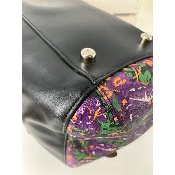COACH F57630 BLACK SMOOTH LEATHER PURPLE FLORAL HANDBAG - Picture 10 of 16